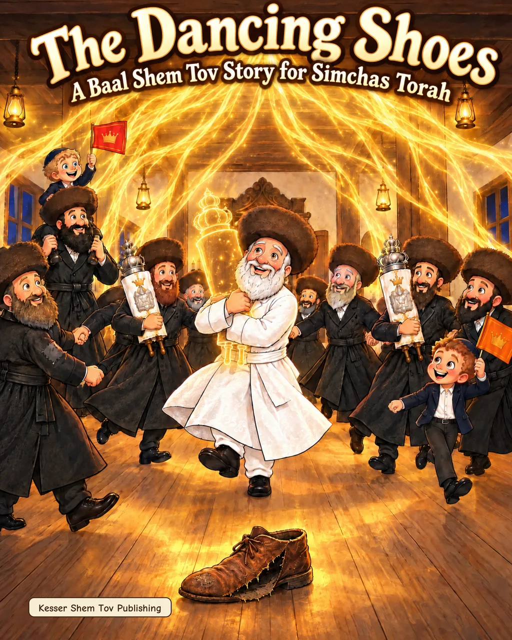 The Dancing Shoes — front cover: the Baal Shem Tov dances in white among the chassidim under a canopy of fire, a torn shoe on the floor