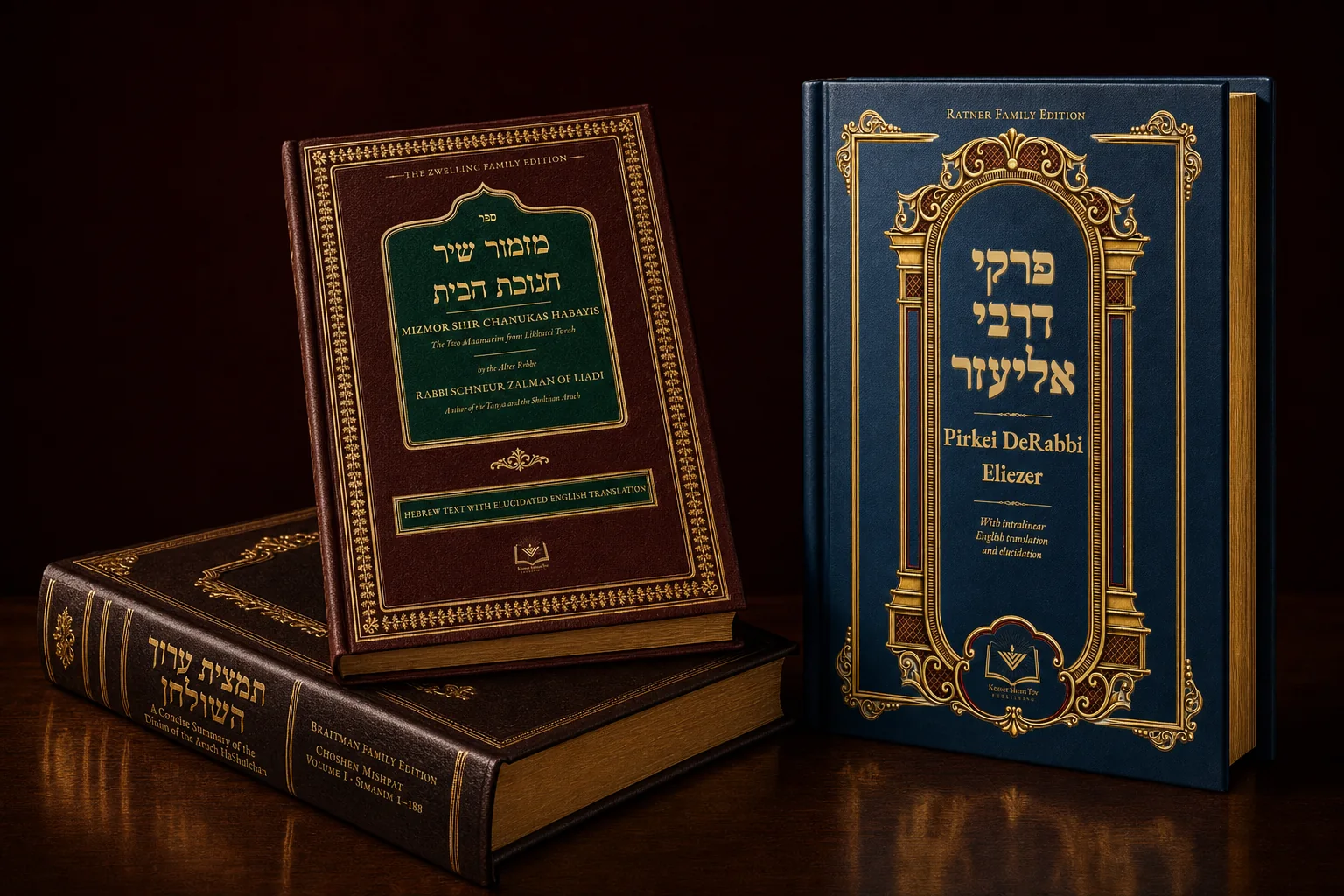 Three Kesser Shem Tov volumes on a walnut desk