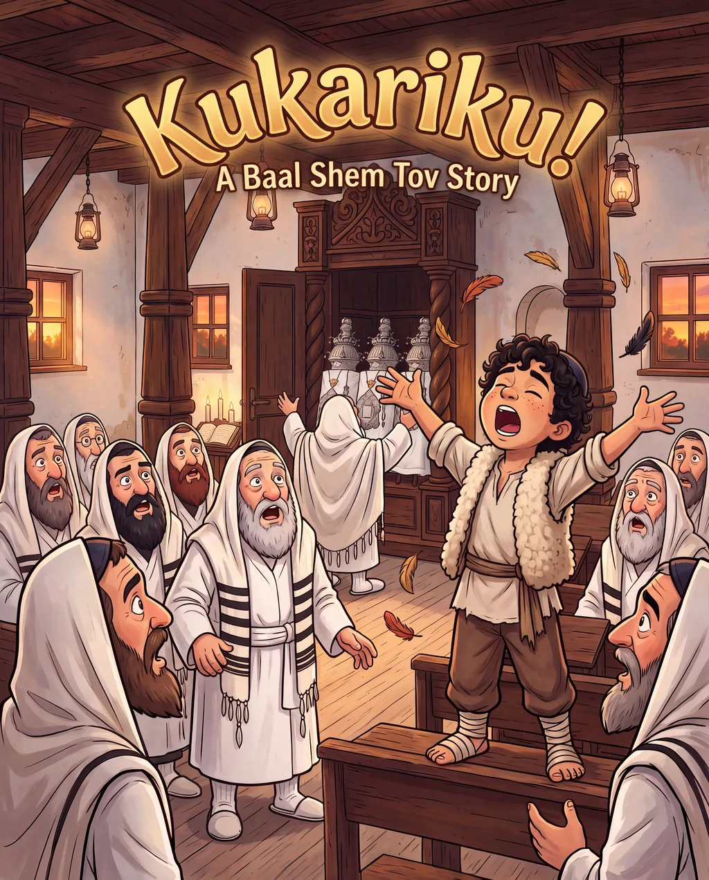 Kukariku! — front cover: the shepherd boy crowing with all his might as the whole shul turns to look