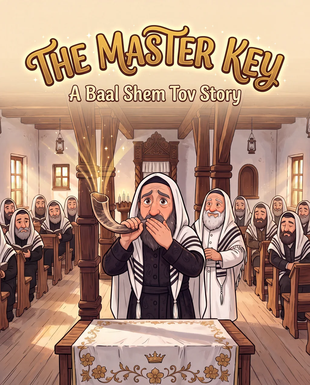 The Master Key — front cover: Reb Ze’ev at the bimah with the shofar, the Baal Shem Tov beside him