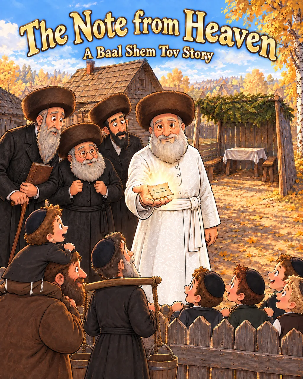 The Note from Heaven — front cover: the Baal Shem Tov holds out a glowing note on his open hand as the scholars and the townsfolk look on