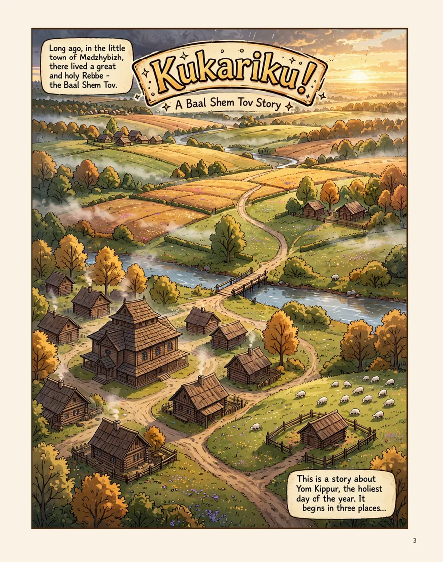 Page 3 — the land of the story from above: the town, the shepherd’s pasture and the far village under its cloud