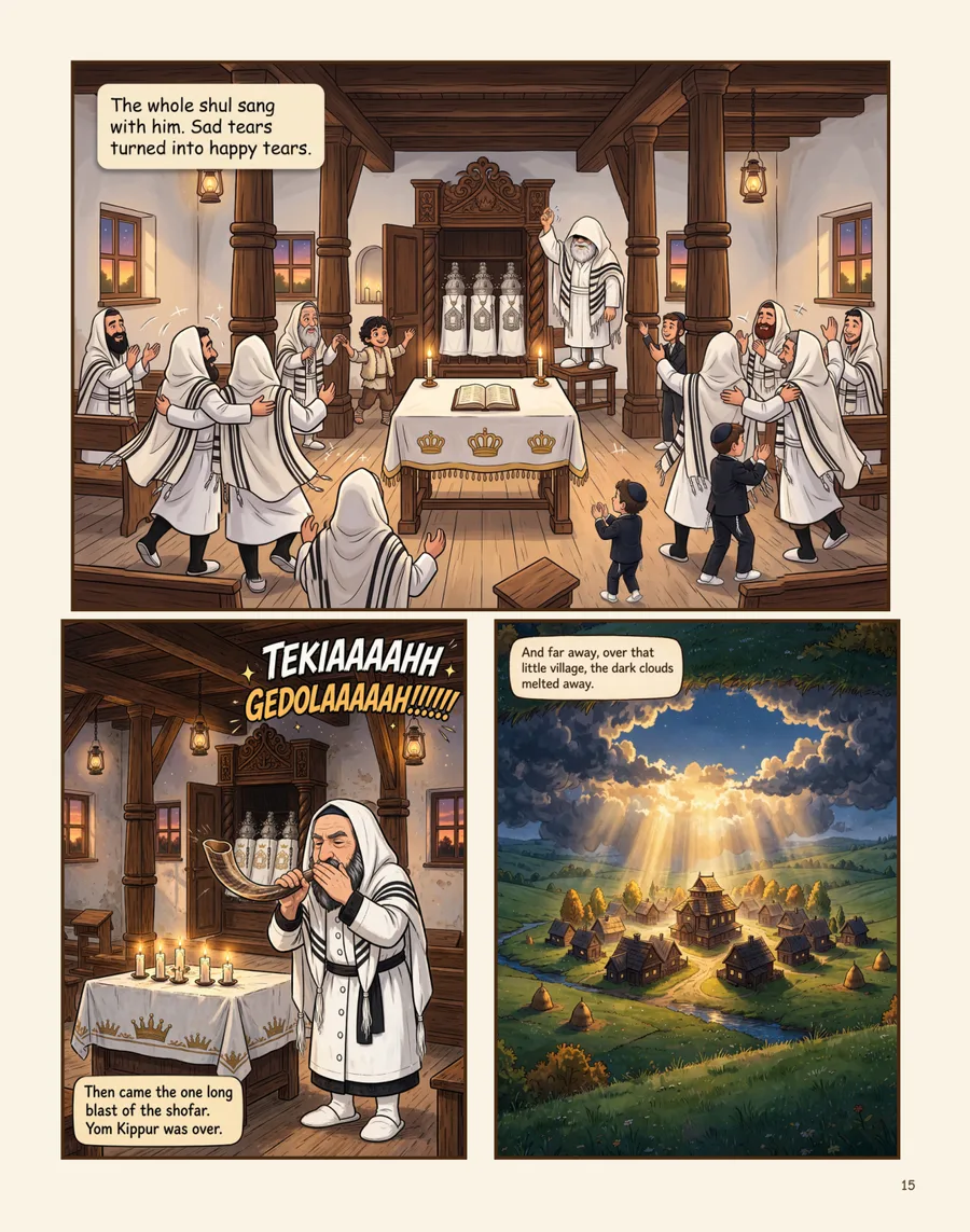 Page 15 — the Baal Shem Tov on his chair as the whole shul sings and dances, and the shofar sounds