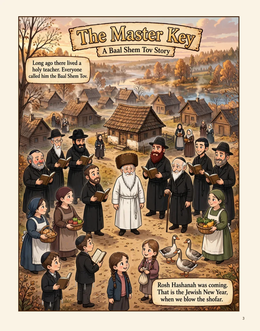 Page 3 — the whole town gathers around the Baal Shem Tov as Rosh Hashanah draws near