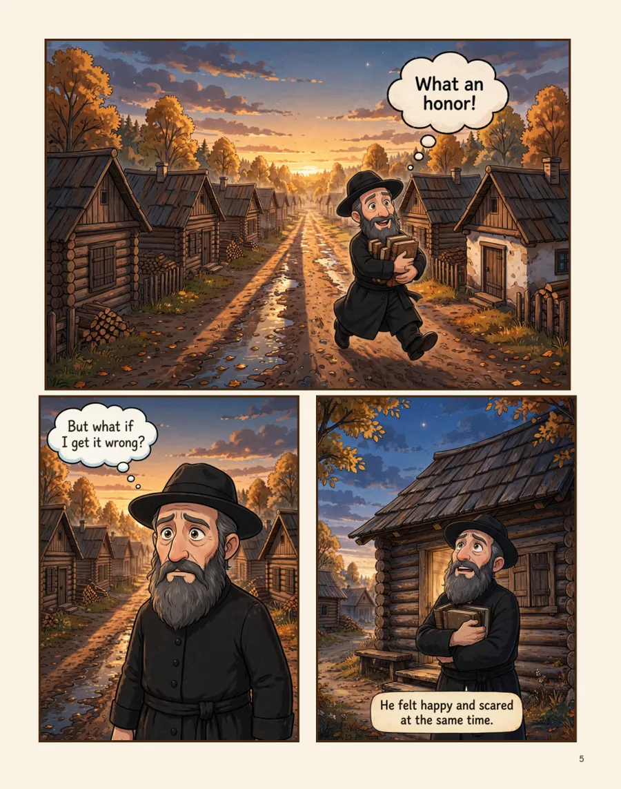 Page 5 — Reb Ze’ev walks home through the village, happy and scared at the same time