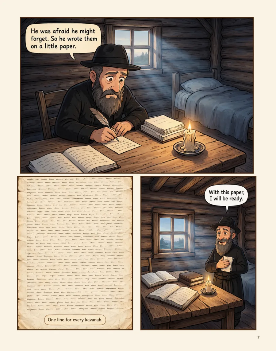 Page 7 — Reb Ze’ev writes every kavanah on a little paper by candlelight