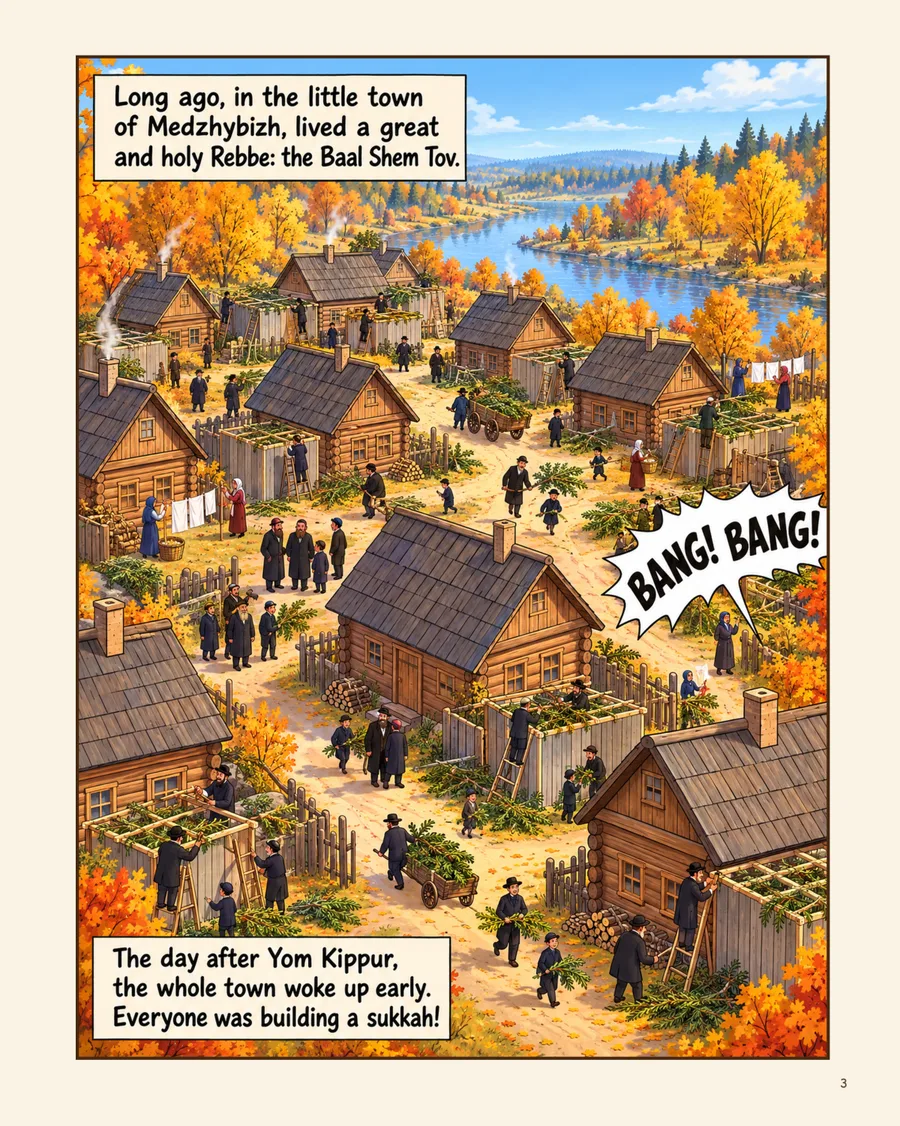 Page 3 — the whole town of Medzhybizh the morning after Yom Kippur, a half-built sukkah in every courtyard