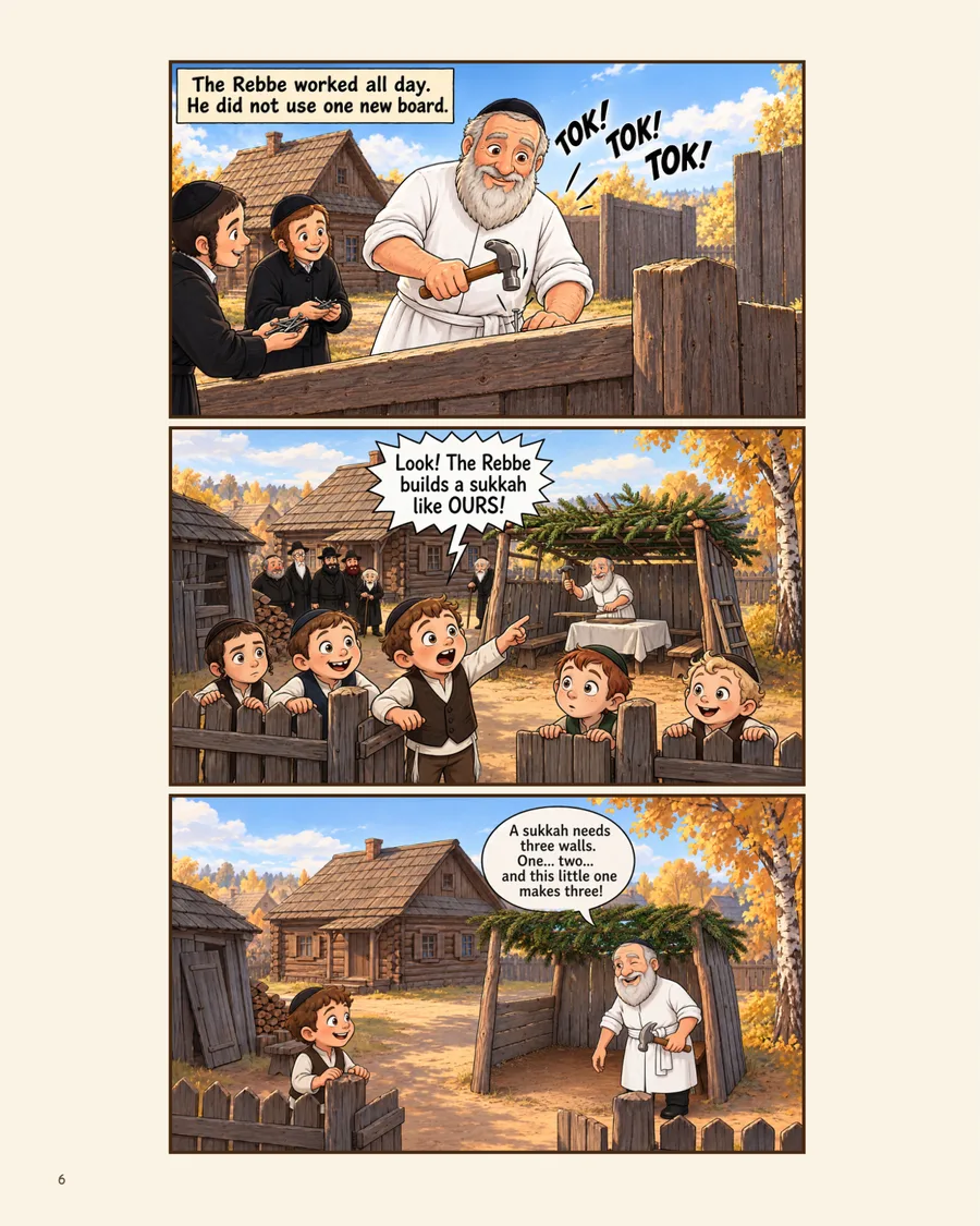 Page 6 — the Baal Shem Tov builds his little sukkah himself from old boards as the children watch