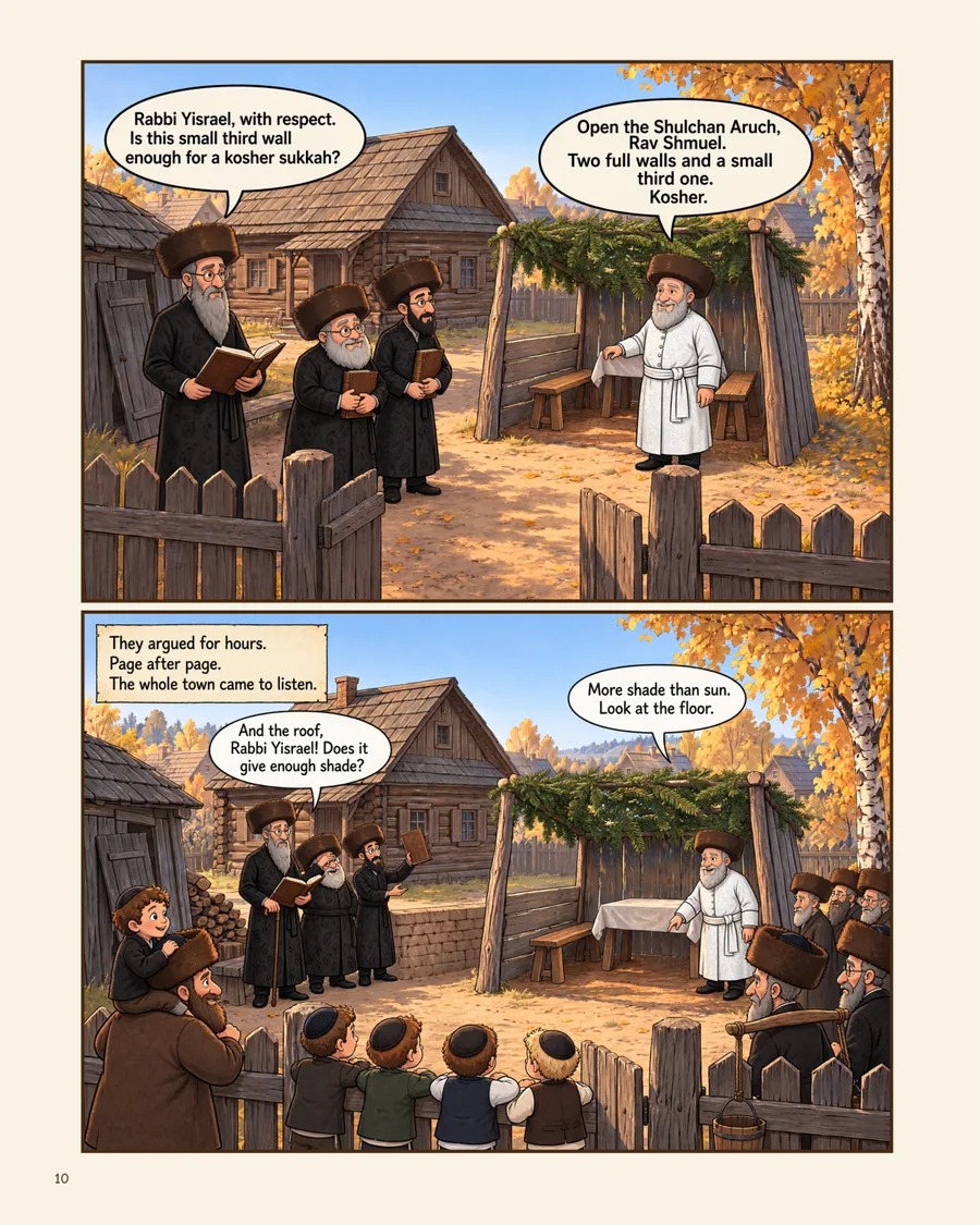Page 10 — the scholars debate with the Rebbe beside his sukkah while the whole town listens at the fence